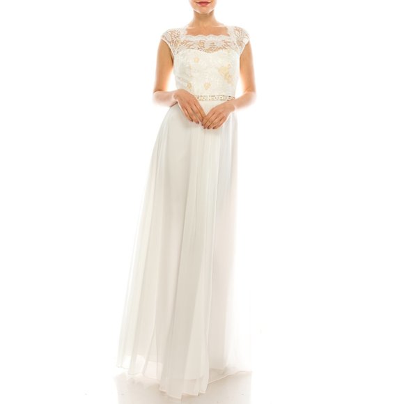 QUEEN ANNE NECK FLORAL LACE BODICE A-LINE CHIFFON FULL LENGTH DRESS(182811) - Picture 2 of 6